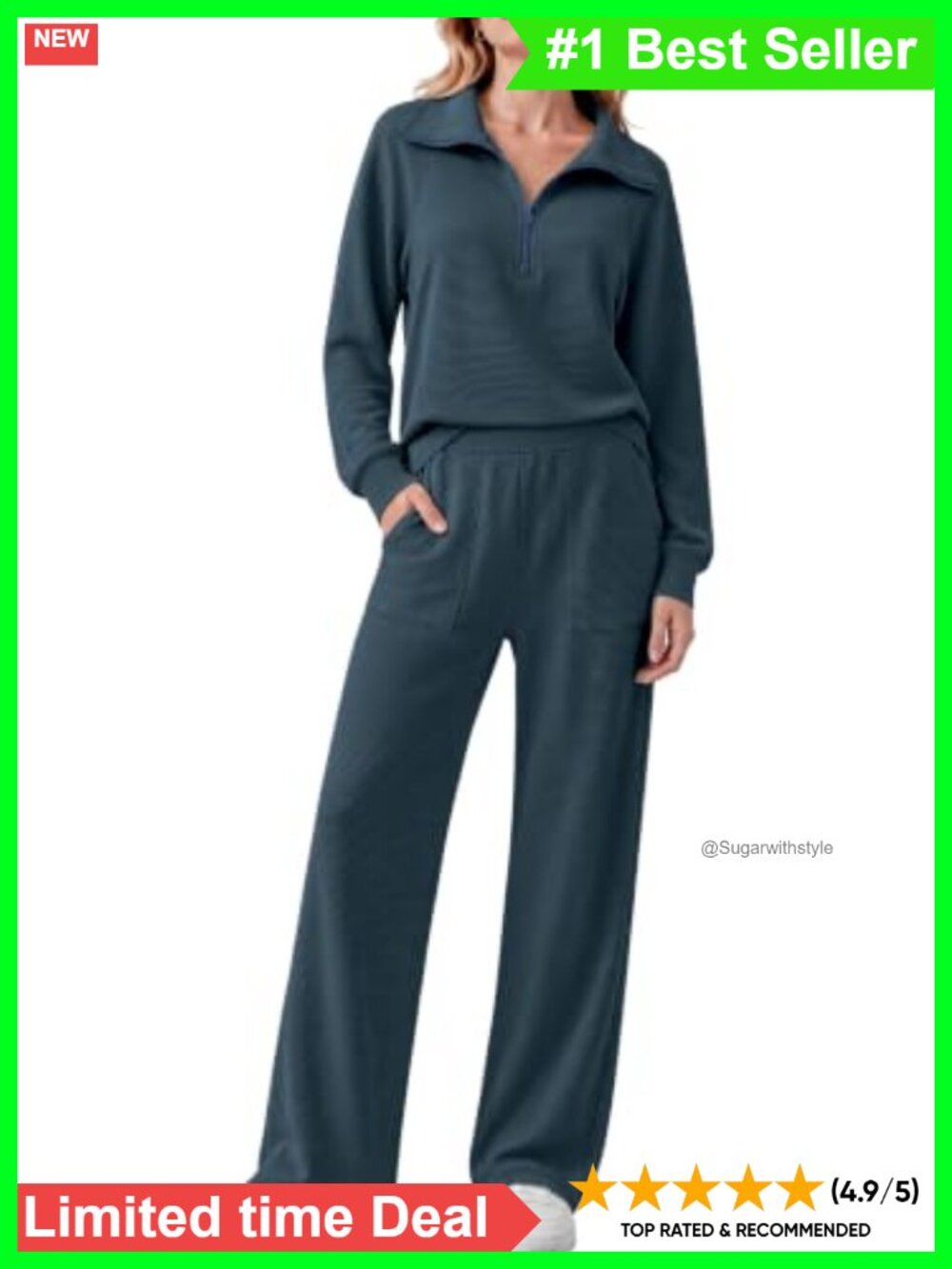 Ribbed Knit 2 Piece Lounge Set Half Zip Wide Leg Matching Sweatsuit